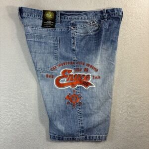 Y2K Enyce Baggy Jorts Men 42x14 Blue Faded Embroidered Denim Jean Shorts Vintage